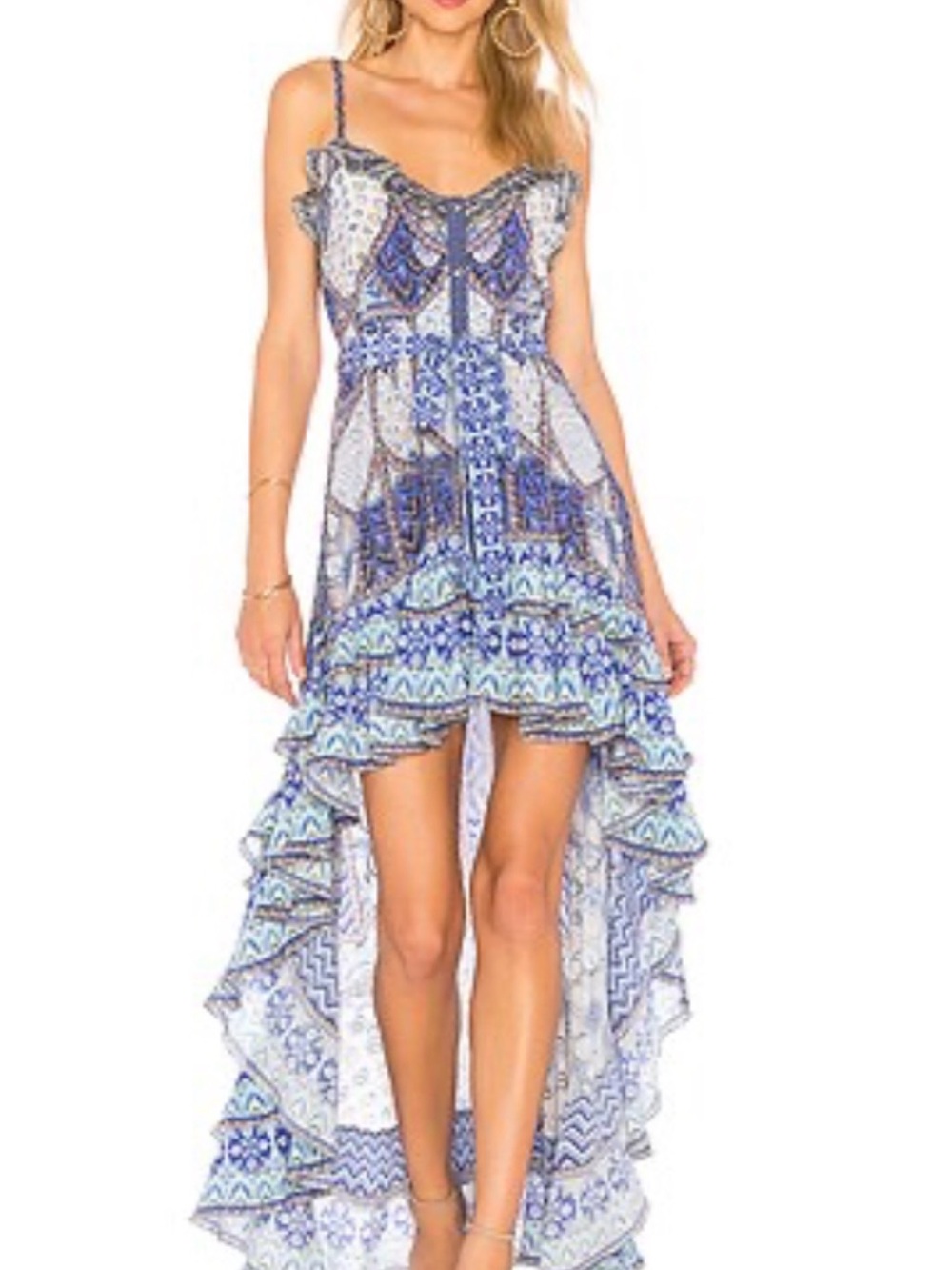 CAMILLA High-Low Ruffle Sundress in Blue and White “Room to Fly”